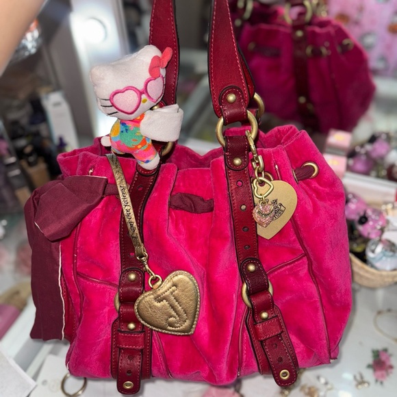 Vintage Juicy Couture Satchel Bag Hot pink Velour Embossed Y2K Hobo Shoulder bag - Picture 2 of 13